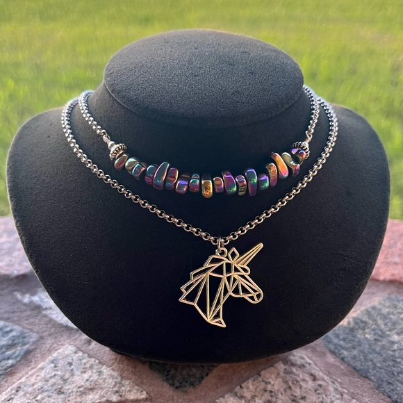 Double layer unicorn rainbow stones stainless steel adjustable choker necklace - Picture 2 of 12